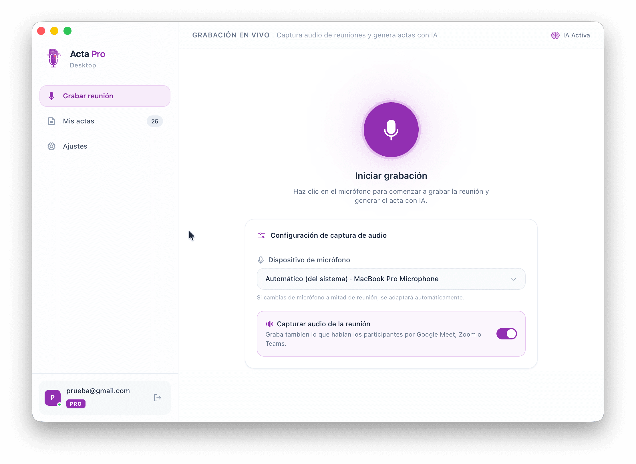 App de escritorio de Acta Pro: grabación en vivo con captura de audio de la reunión