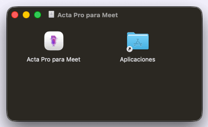 Instalador de Acta Pro para Meet con el ícono de la app y la carpeta Aplicaciones