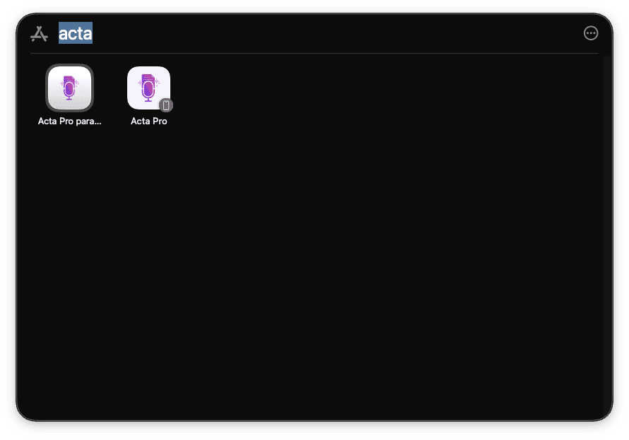 Búsqueda de aplicaciones de macOS mostrando Acta Pro para Meet