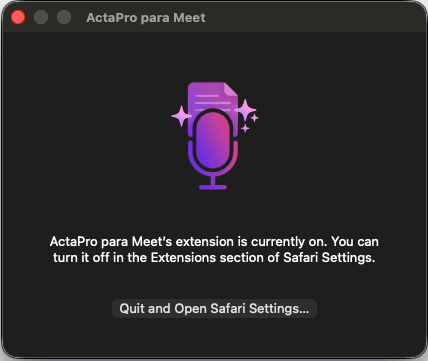 App Acta Pro para Meet con el botón para salir y abrir los ajustes de Safari